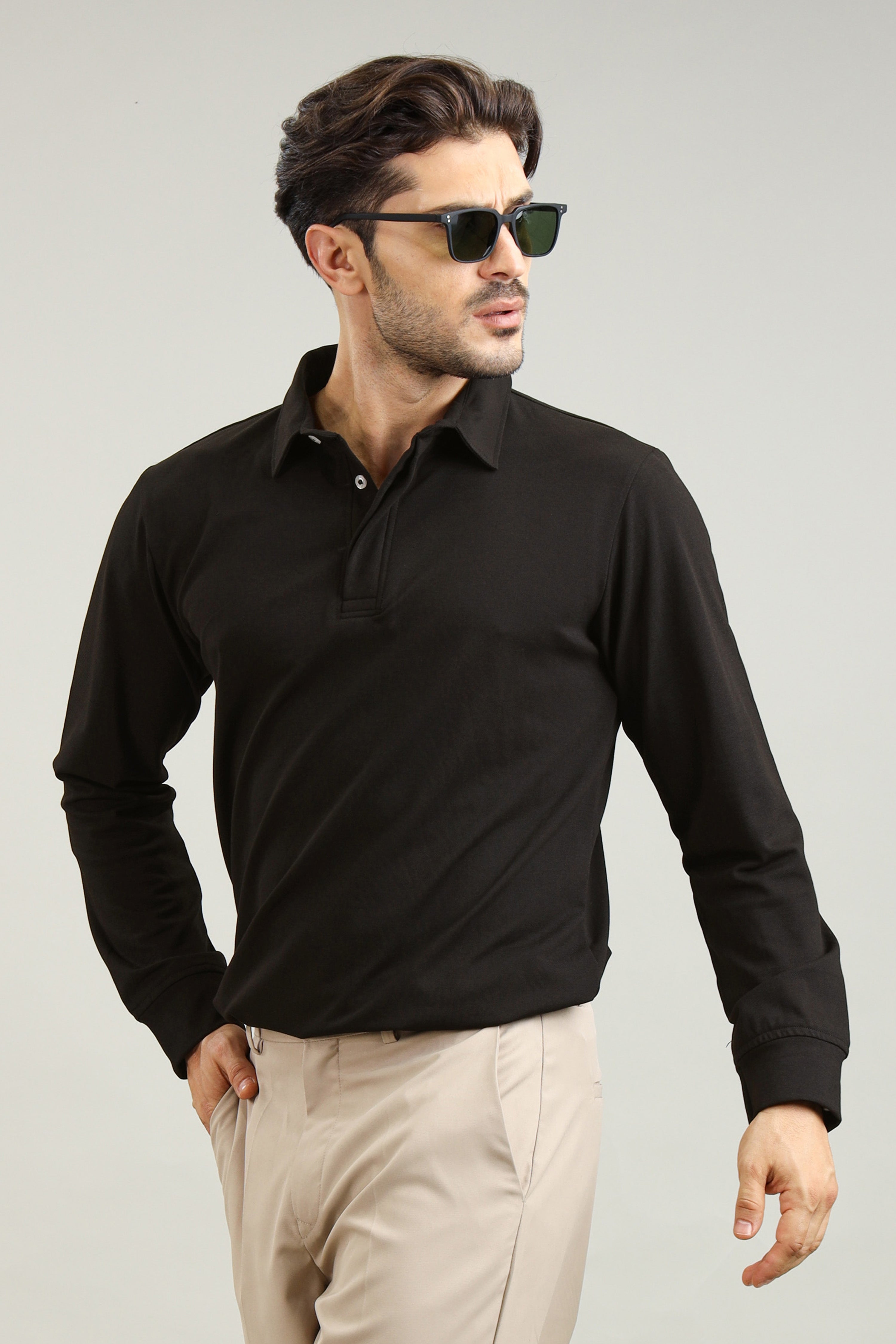 Men's Black Long Sleeve Polo T-Shirt