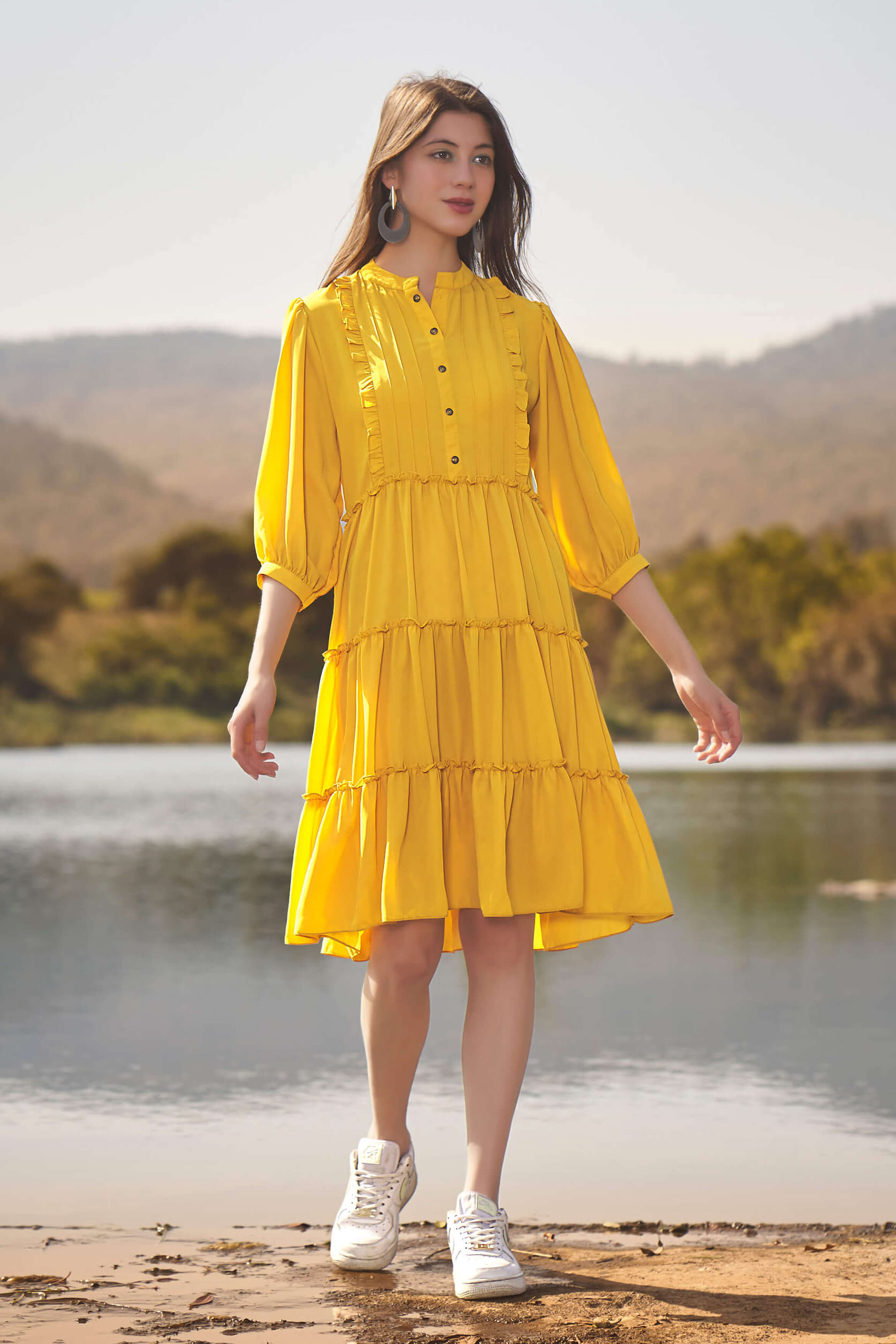 Mustard ruffle outlet dress