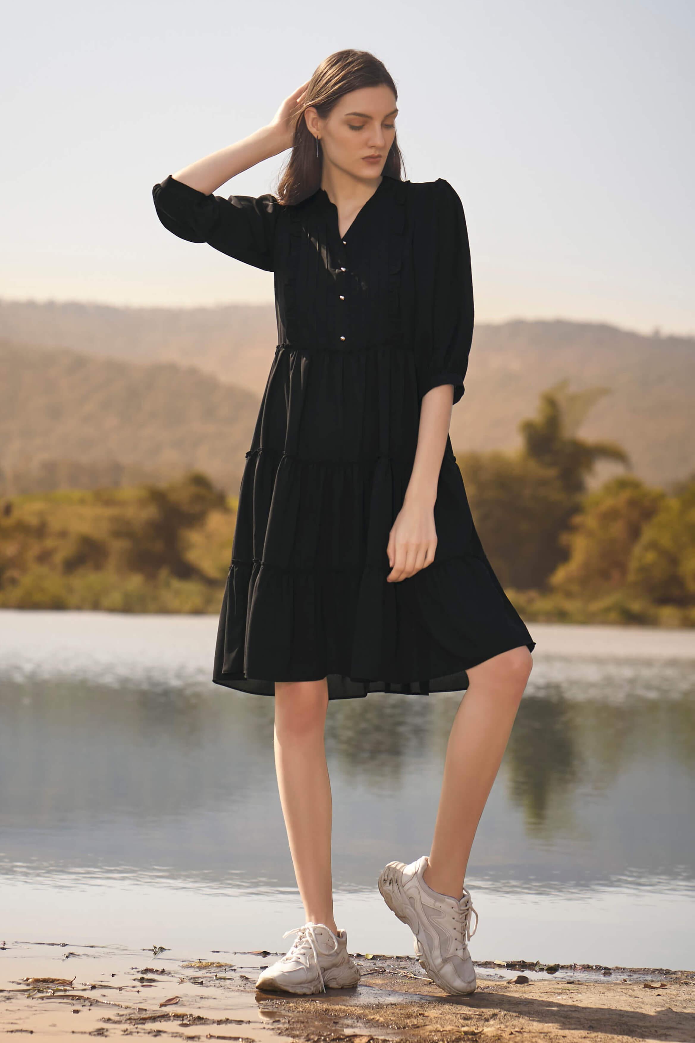 regeringstid psykologisk websted Black Ruffle Detailed Tiered Midi Dress – neofaa.com