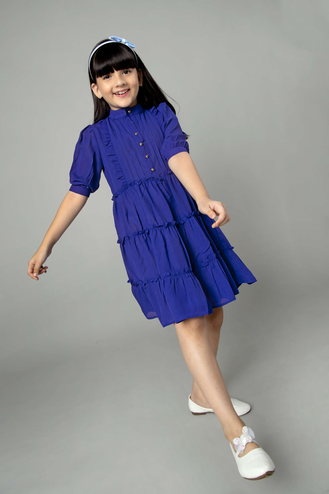 Royal Blue Puff Sleeve Ruffle Shirt Dress For Girls