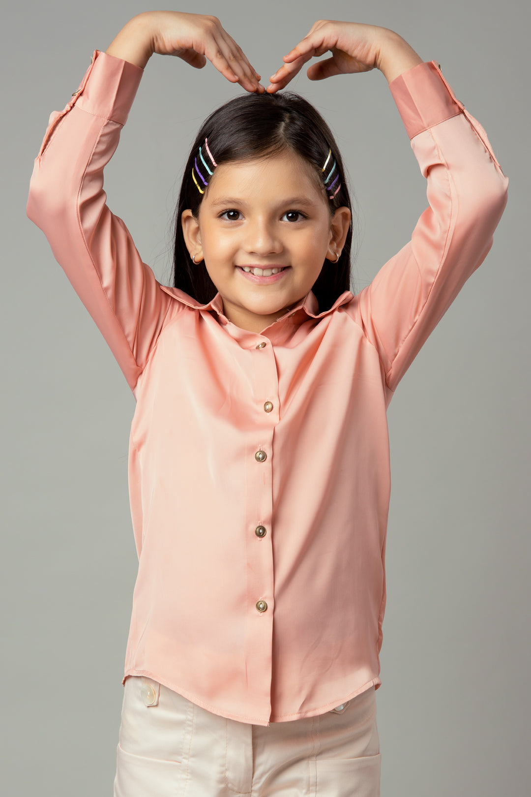 Plain Peach Spread Collar Casual Shirt For Girls