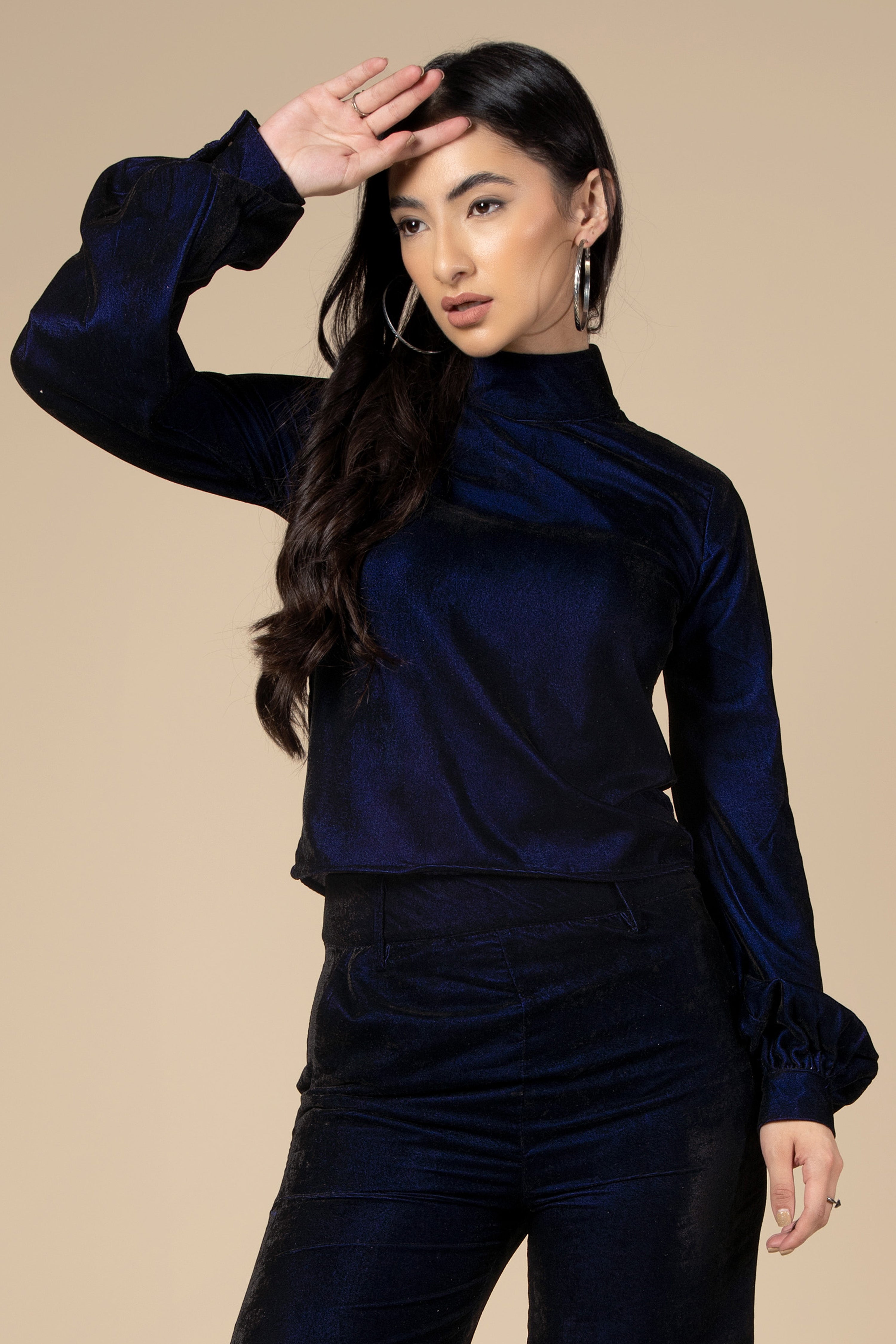 blue velvet long sleeve top