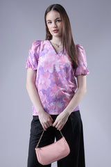 Purple Floral Puff Sleeves V-Neck Velvet Top