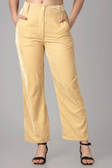 Womens Solid Beige Velvet Essential Trouser