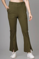 Green Slit Regular Fit Women's Trousers