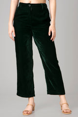 Women Essential Solid Green Velvet Trouser