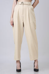 Solid Straight Fit Casual Luxe Belt Pants For Women