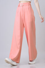 Women Blush Pink Wide Leg Belt Trousers