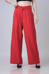 Women Cherry Red Wide Leg Belt Trousers