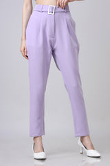 Lavender Streight Fit Belted Casual Pants For Women