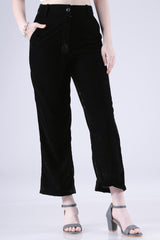 Women's Velvet Plain Black Straight Fit Pant