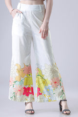 Women's Velvet White Floral Flared Trouser