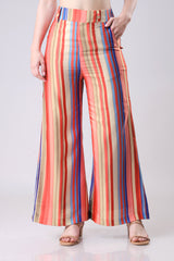 Trendy Multi Color Stripes Flared Trousers For Womens