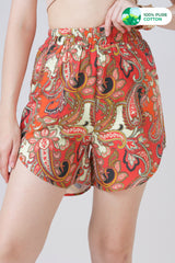 Red Paisley Loose Fit Cotton Shorts For Women