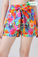 Floral Tie Up Waist Loose Fit Cotton Shorts