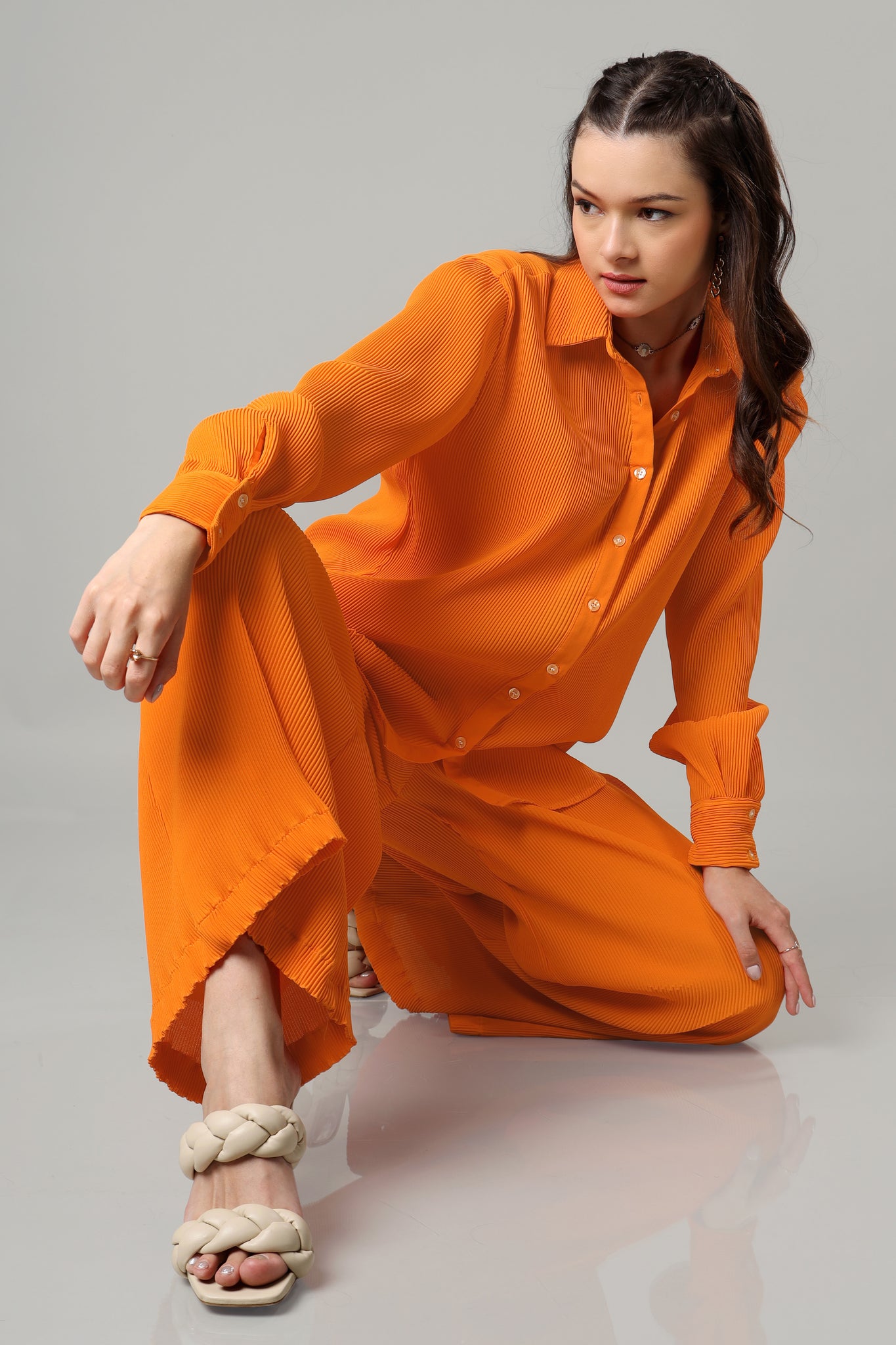 Exclusive Apricot Pleated Co-Ord Set For Women