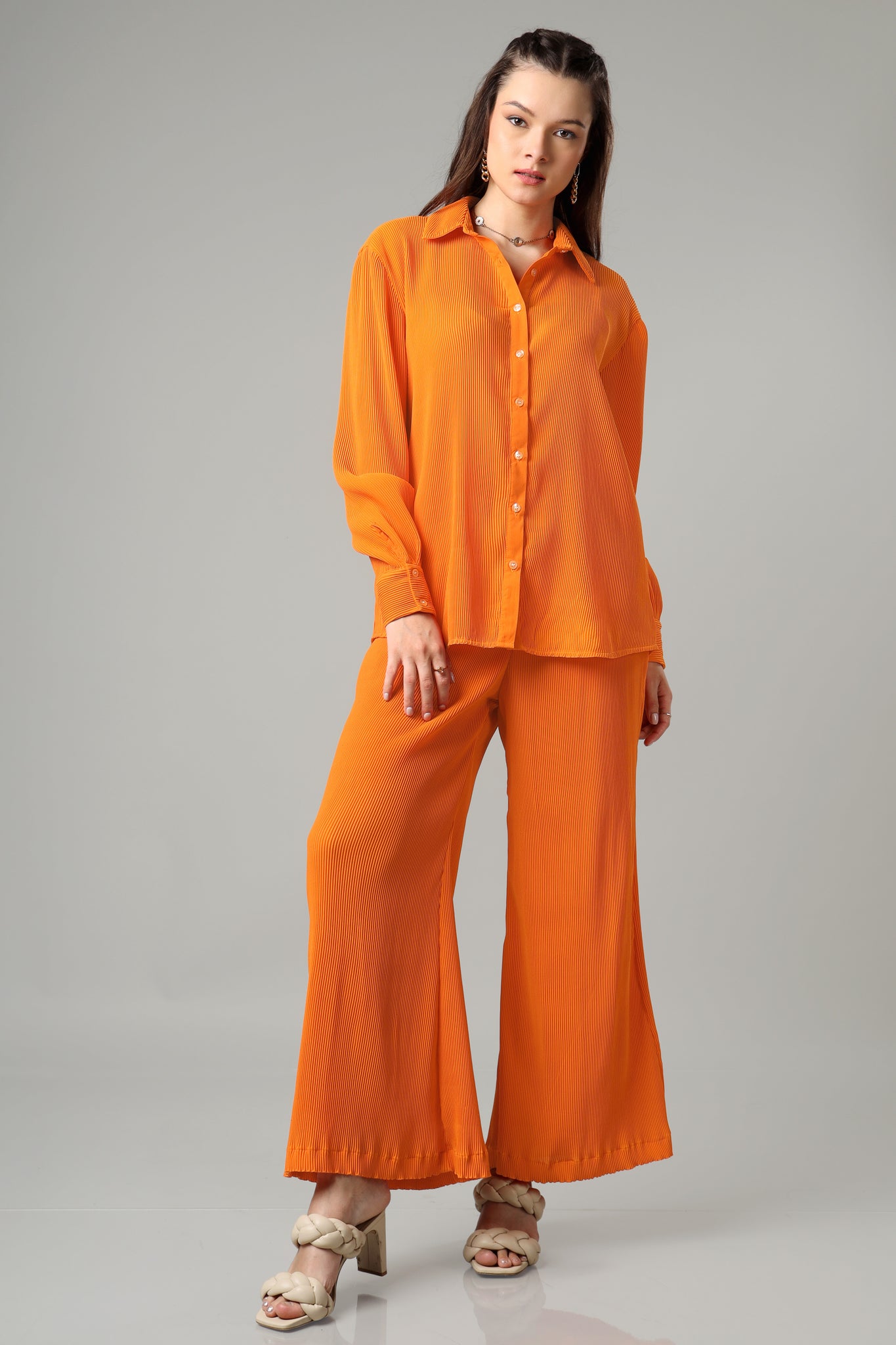 Exclusive Apricot Pleated Co-Ord Set For Women