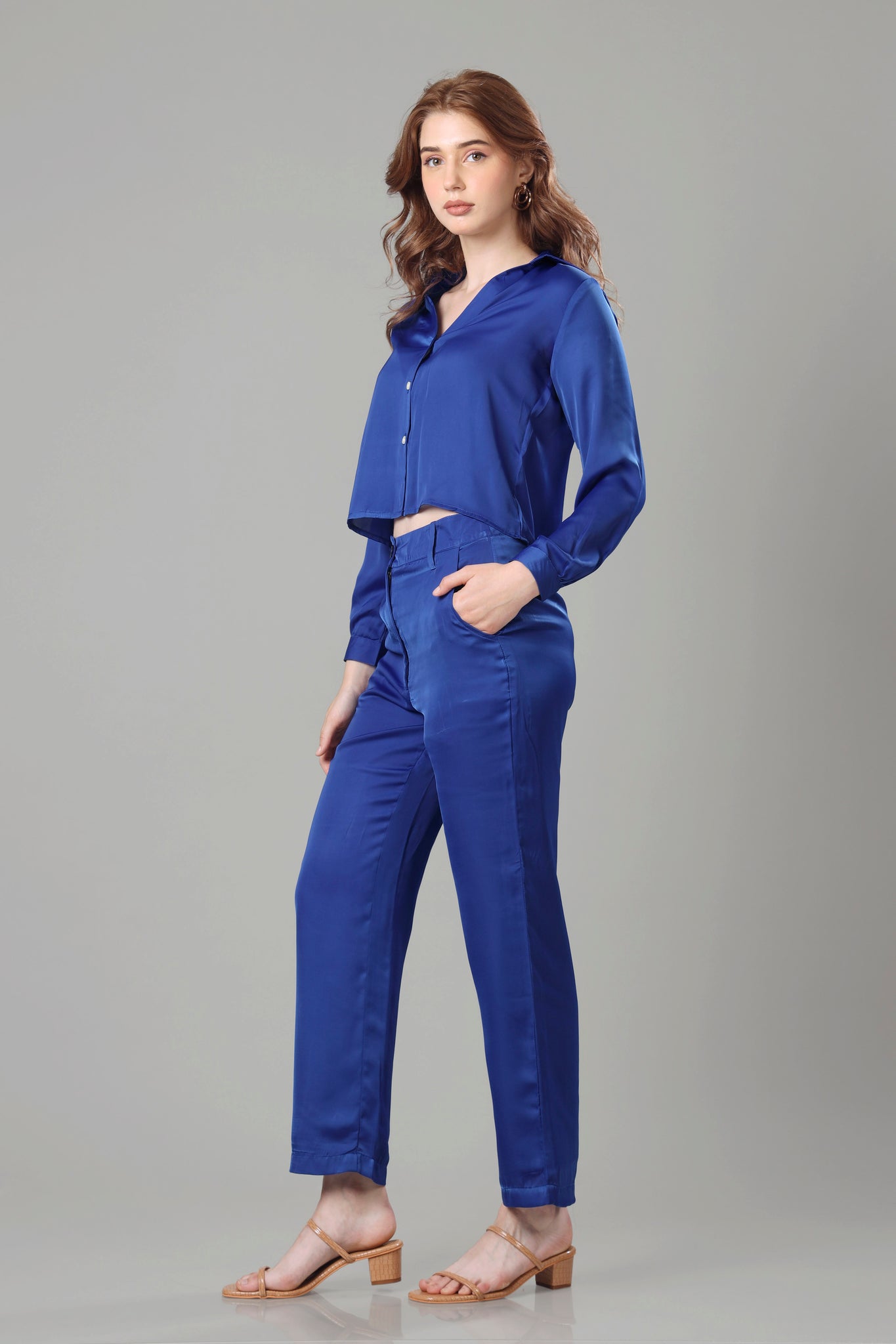 Cool Blue Copeed Shirt Co-Ord Set For Women