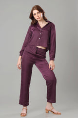 Vintage Wine Croped Shirt Co-Ord Set For Women