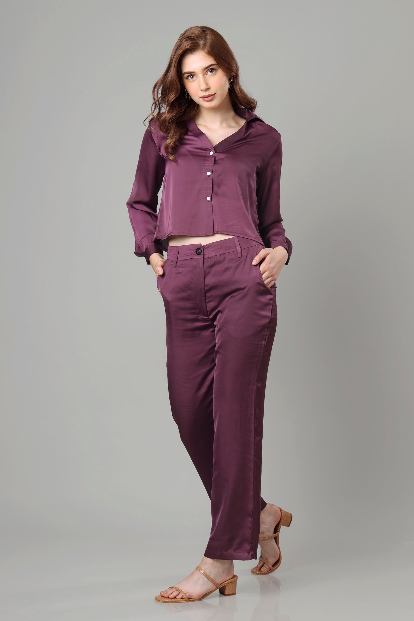 Vintage Wine Copeed Shirt Co-Ord Set For Women