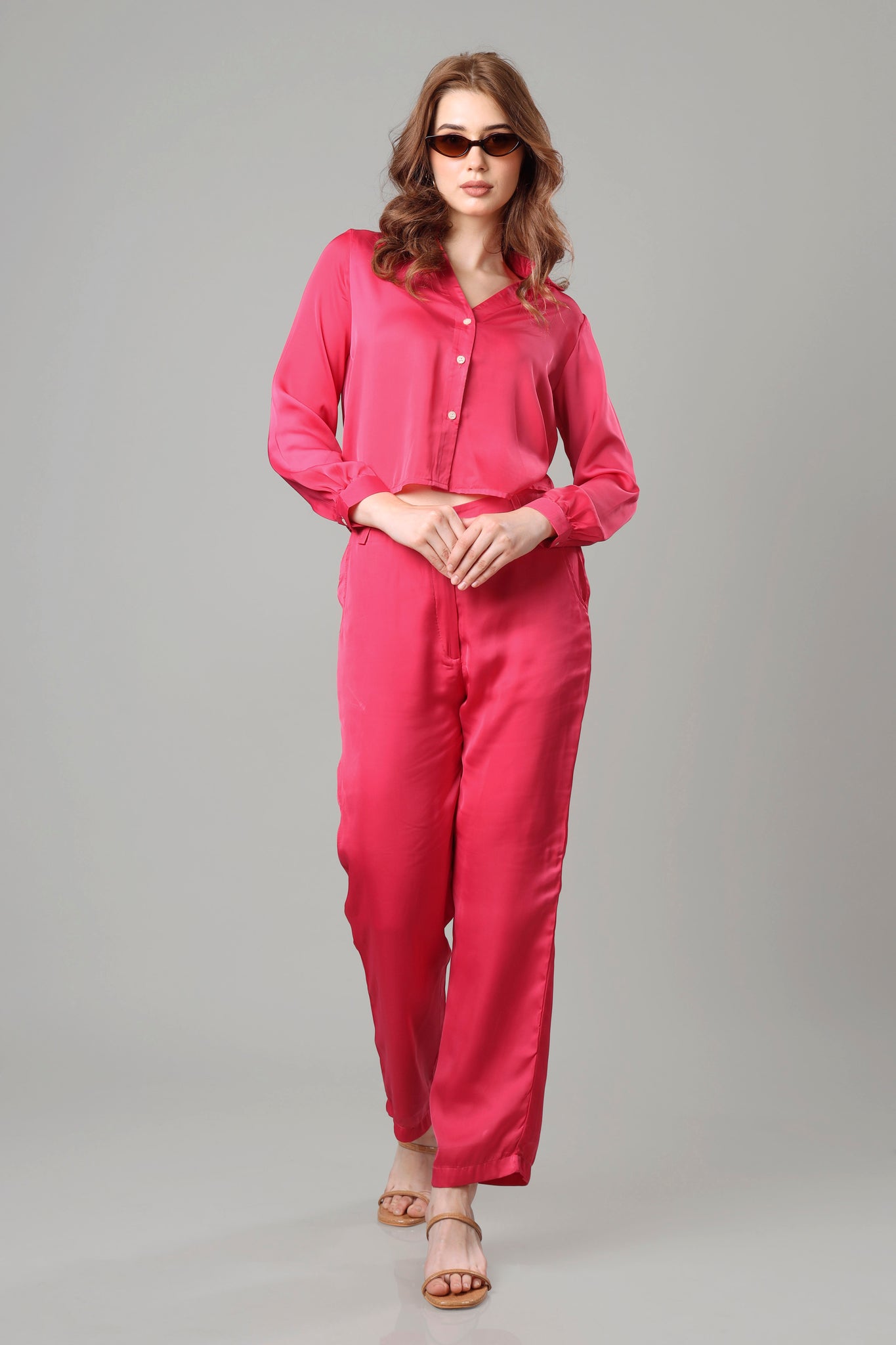 Hot Pink Copeed Shirt Co-Ord Set For Women
