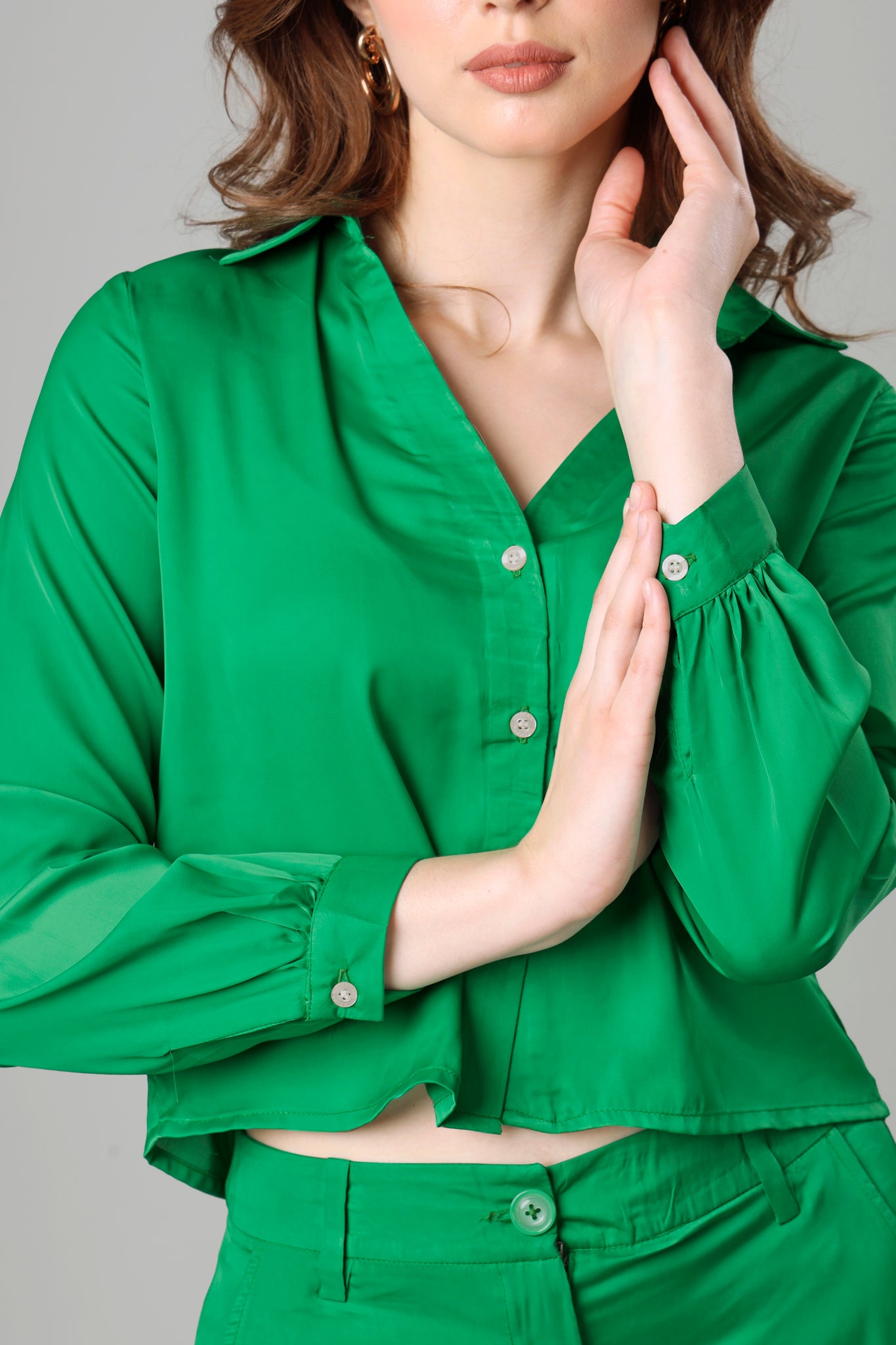 Bold Green Cropped Shirt Co-Ord Set For Women