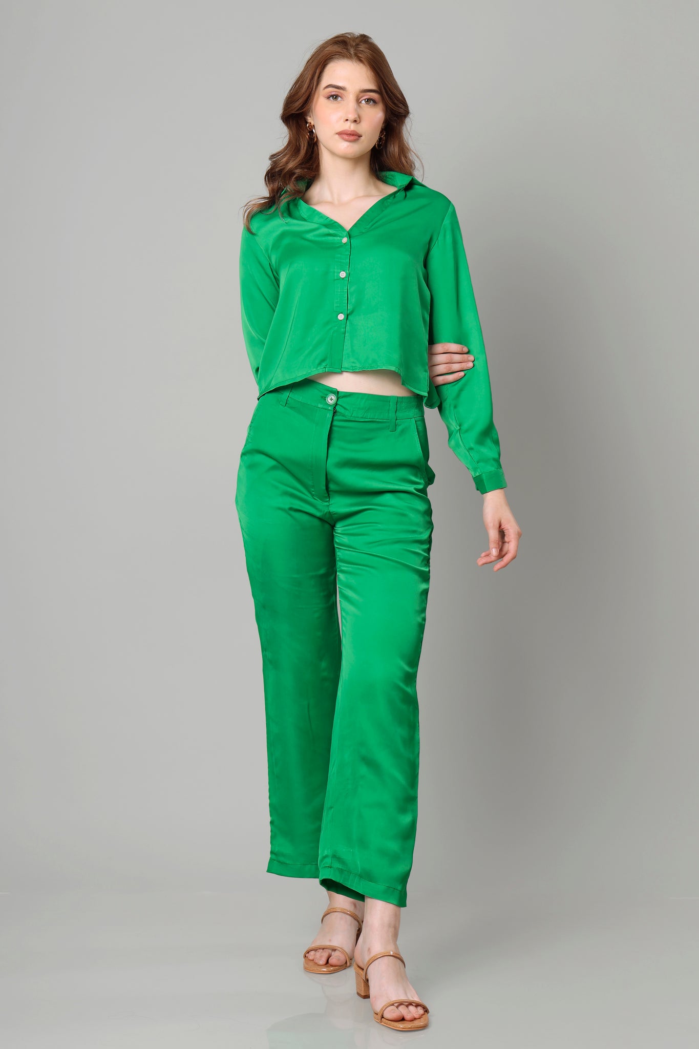 Bold Green Cropped Shirt Co-Ord Set For Women