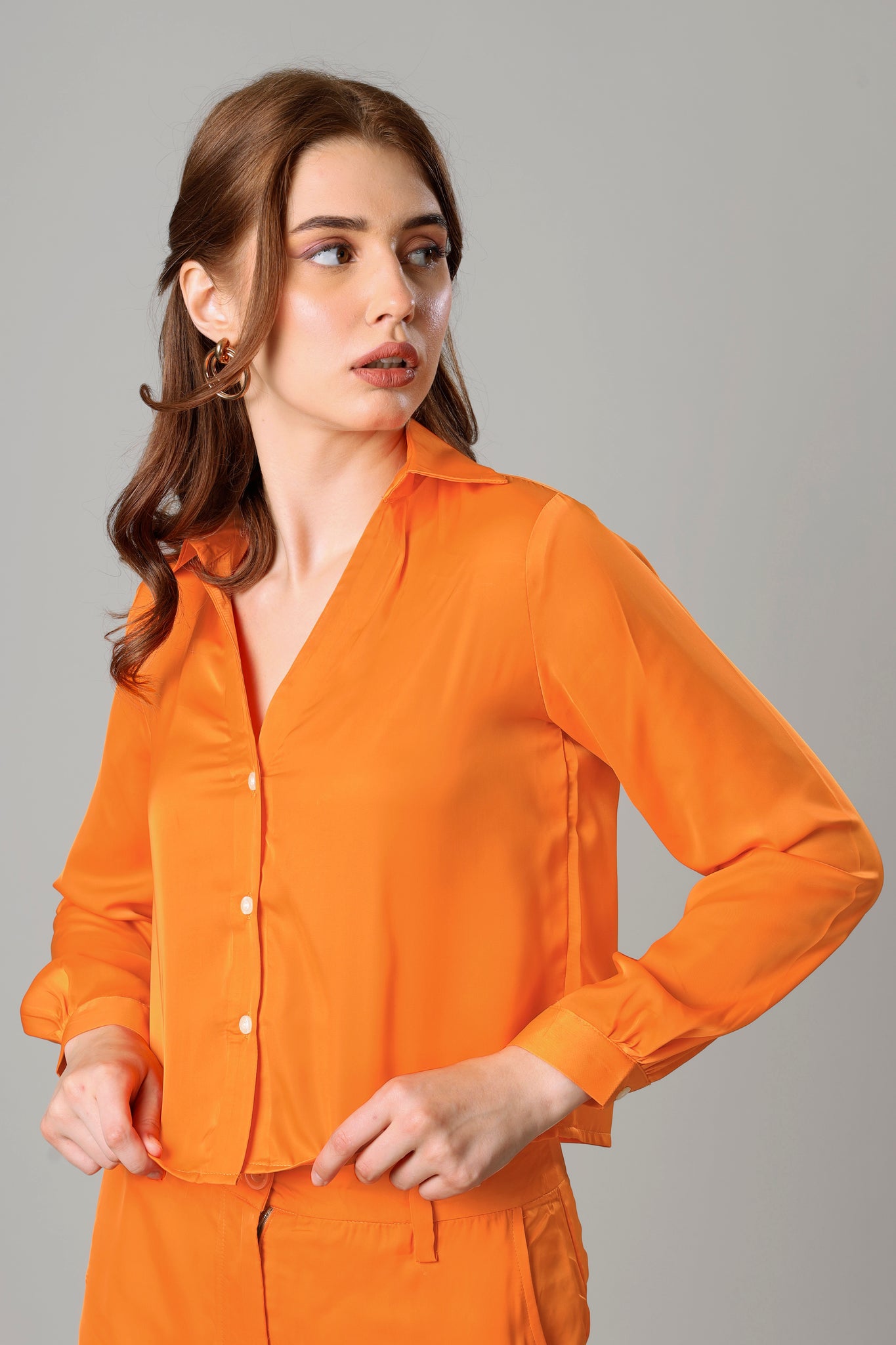 Sunset Orange Cropped Shirt Co-Ord Set For Women