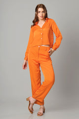 Sunset Orange Croped Shirt Co-Ord Set For Women