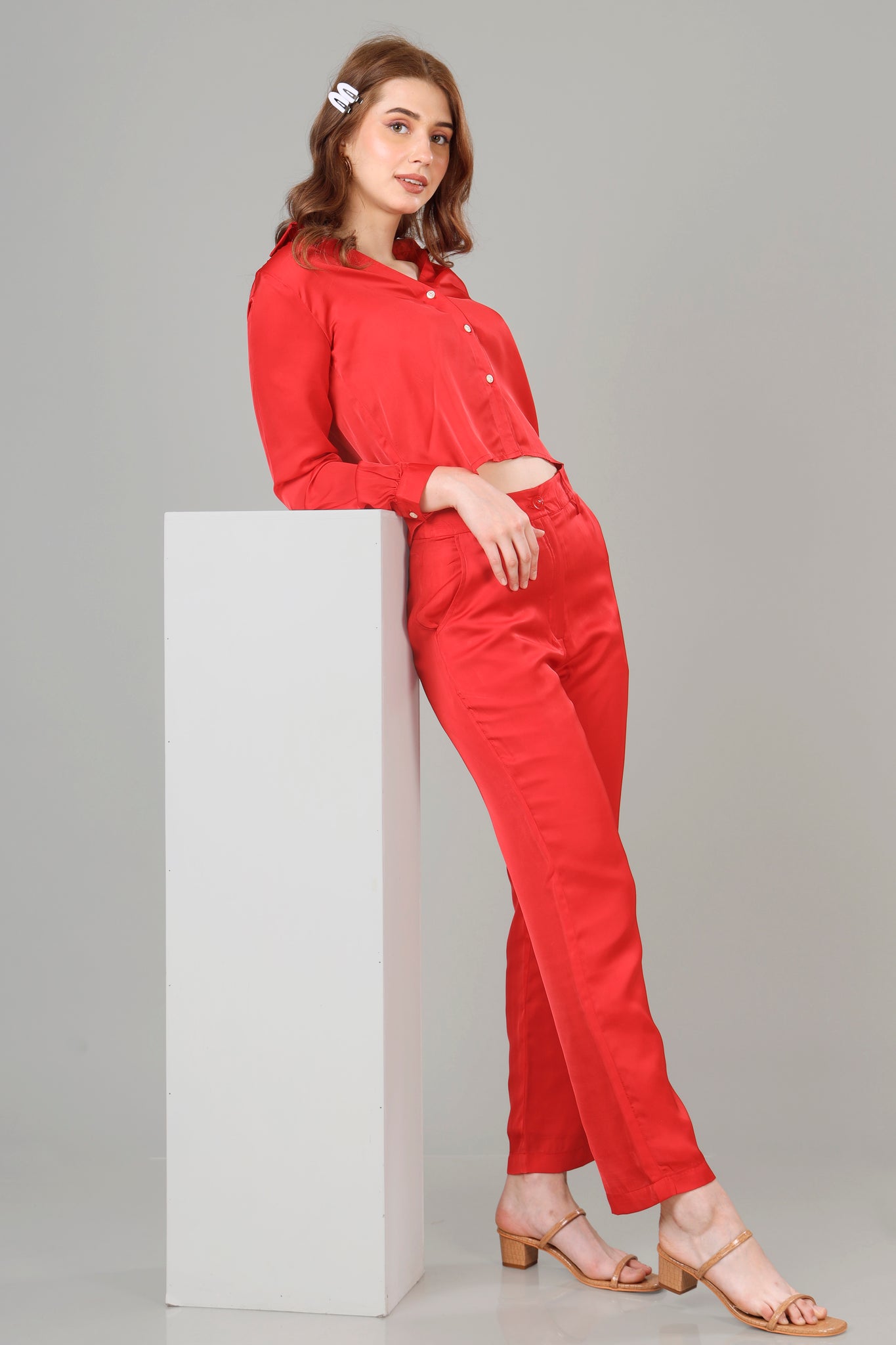 Romantic Red Cropped Shirt Co-Ord Set For Women