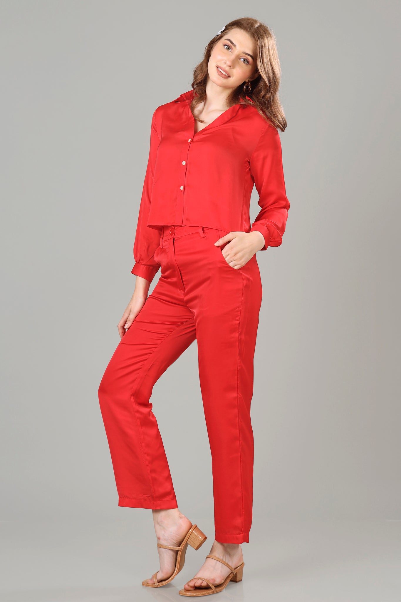 Romantic Red Cropped Shirt Co-Ord Set For Women