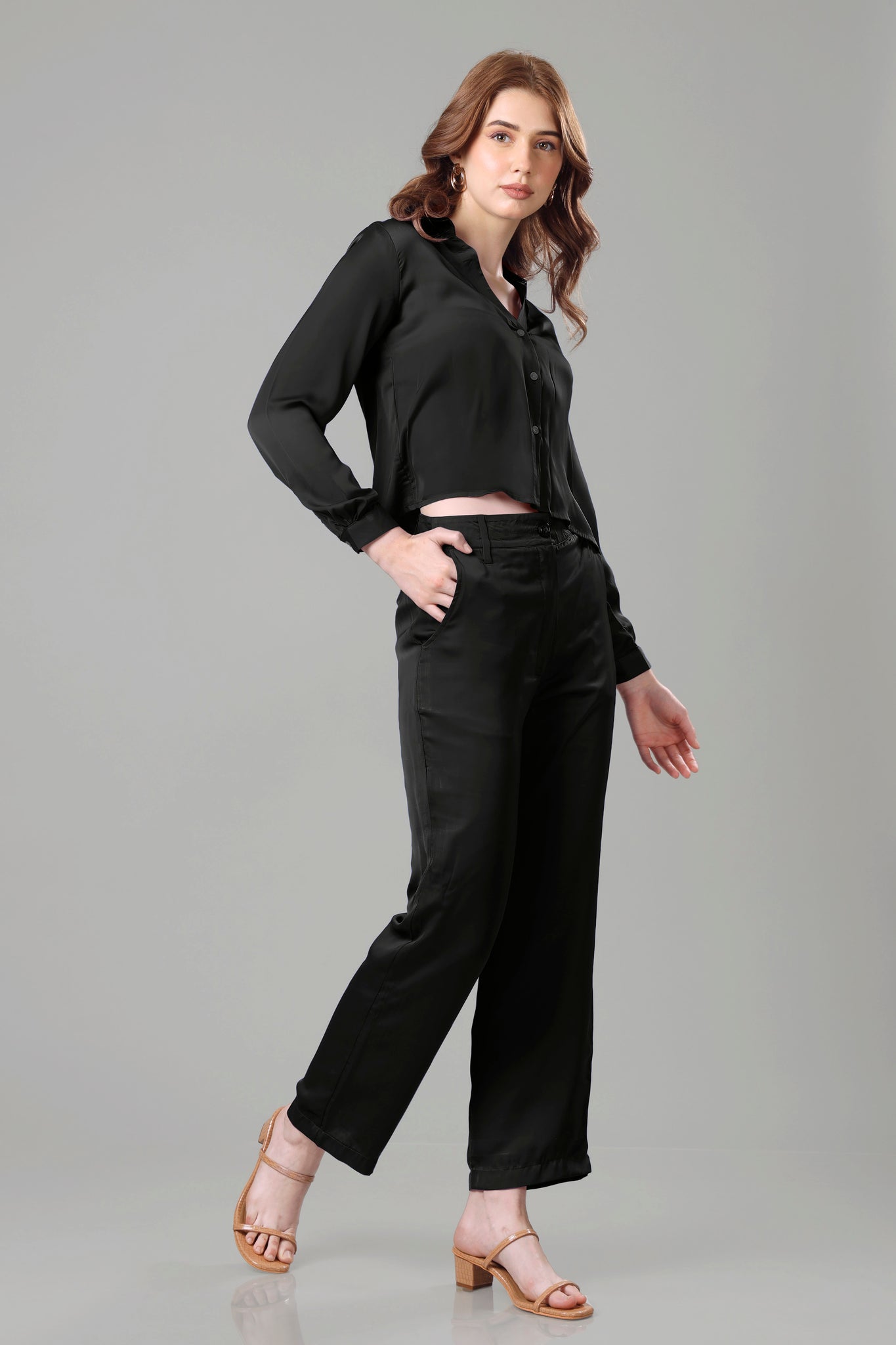Luxurious Black Croped Shirt Co-Ord Set For Women
