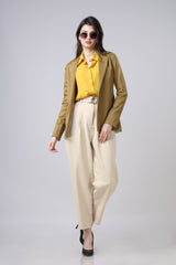 Brown Blazer With Yellow Shirt And Cream Trouser Set