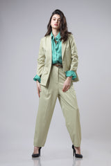 Lux Satin Shirt With Notched Collar Blazer And Trouser Suit Set