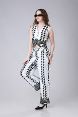 Classic Black And White Floral Pleated Co-Ord Set For Women