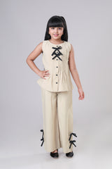 Cream Plain Straight Fit Pure Cotton Co-Ord Set For Girls