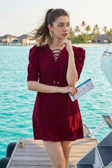 Maroon String Neckline Puff Sleeve Midi Dress