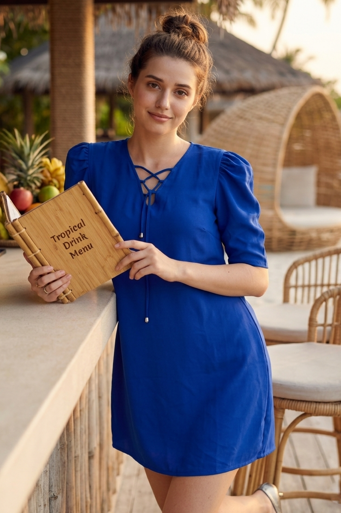Royal Blue String Neckline Puff Sleeve Midi Dress