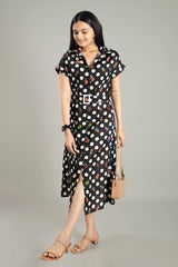 Trendy Humming Polka Belt Shirt Dress For Women