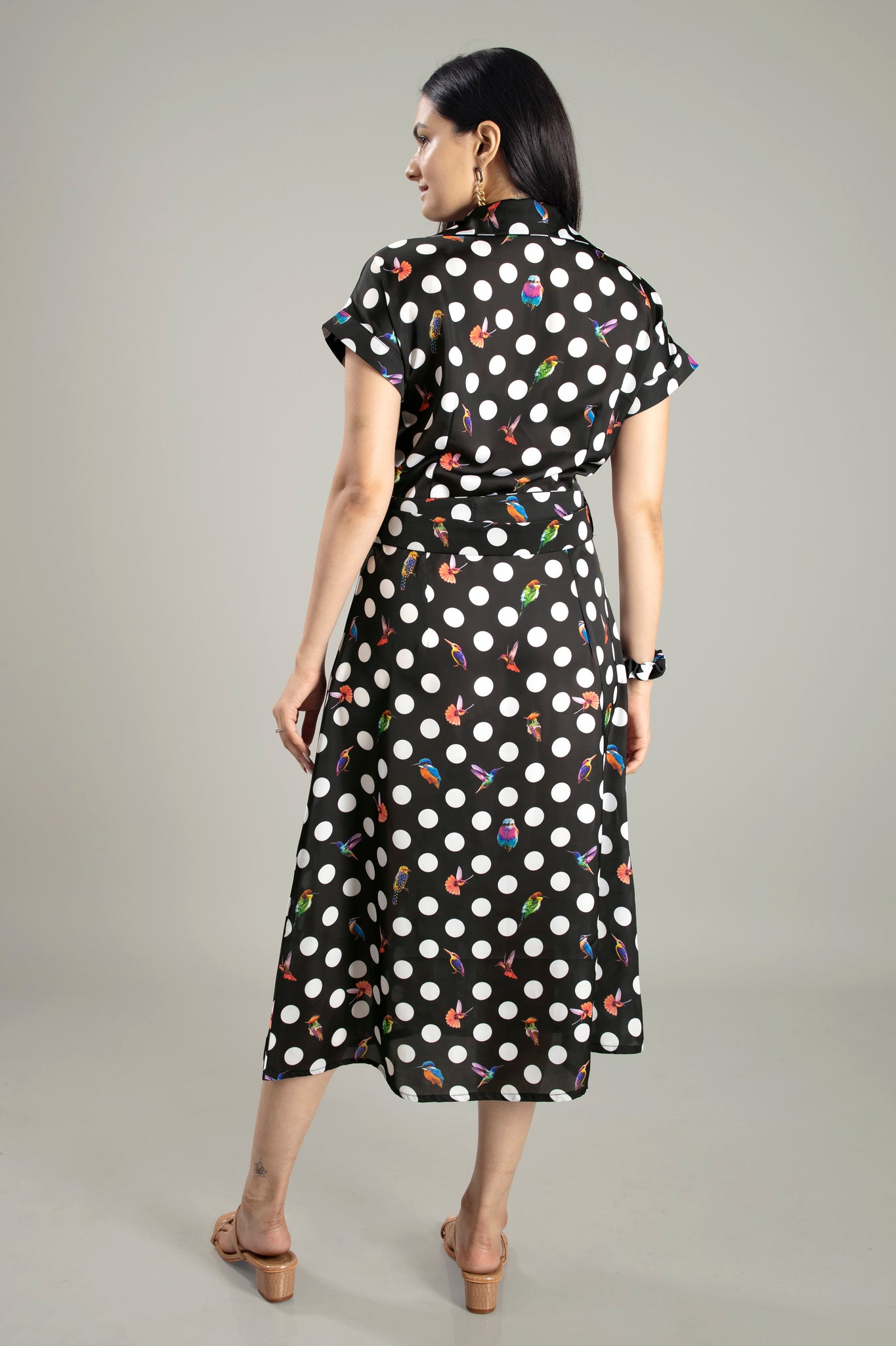 Trendy Humming Polka Belt Shirt Dress For Women