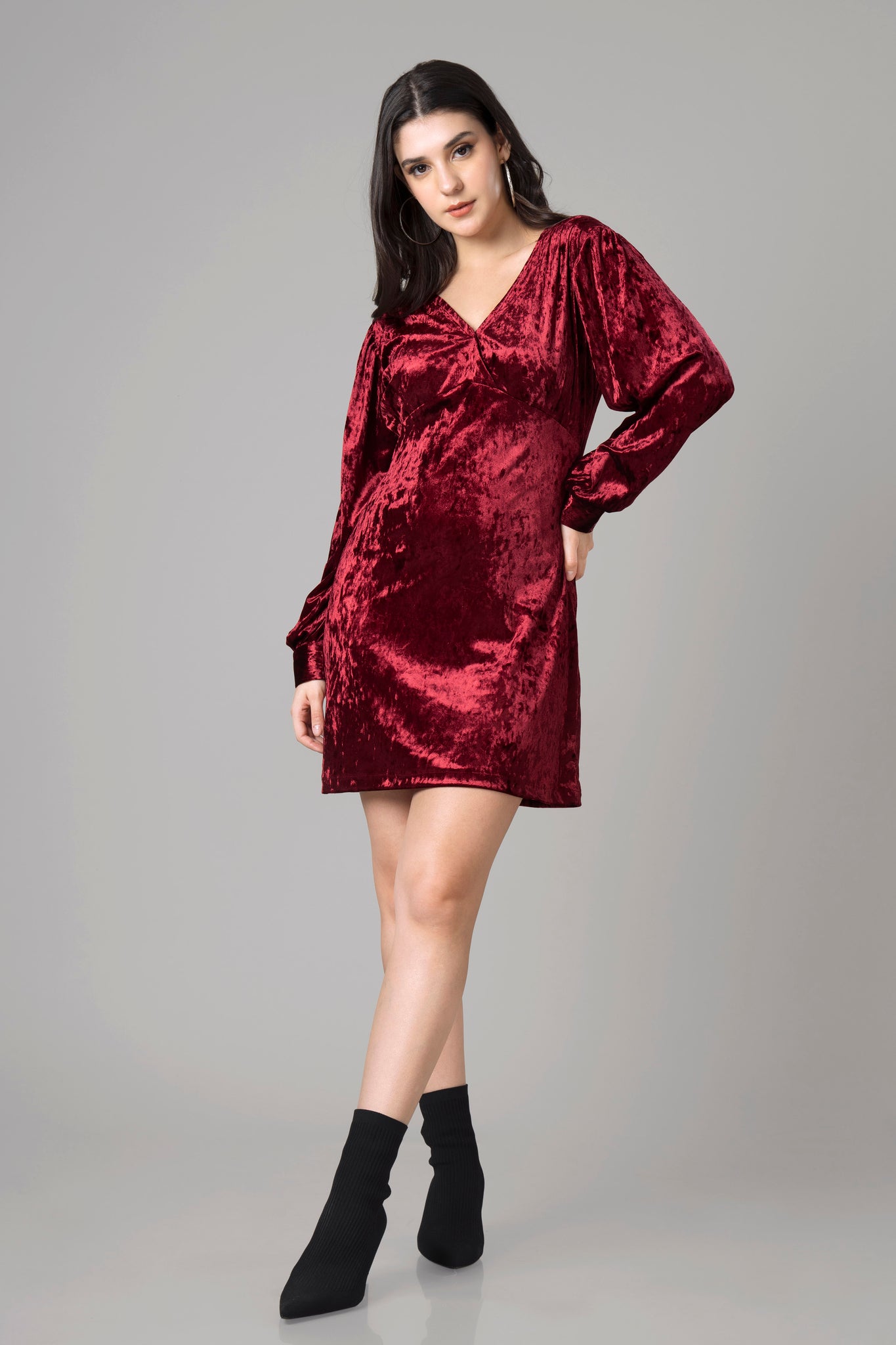 Red Velvet Long Sleeve Sheath Dress For Women
