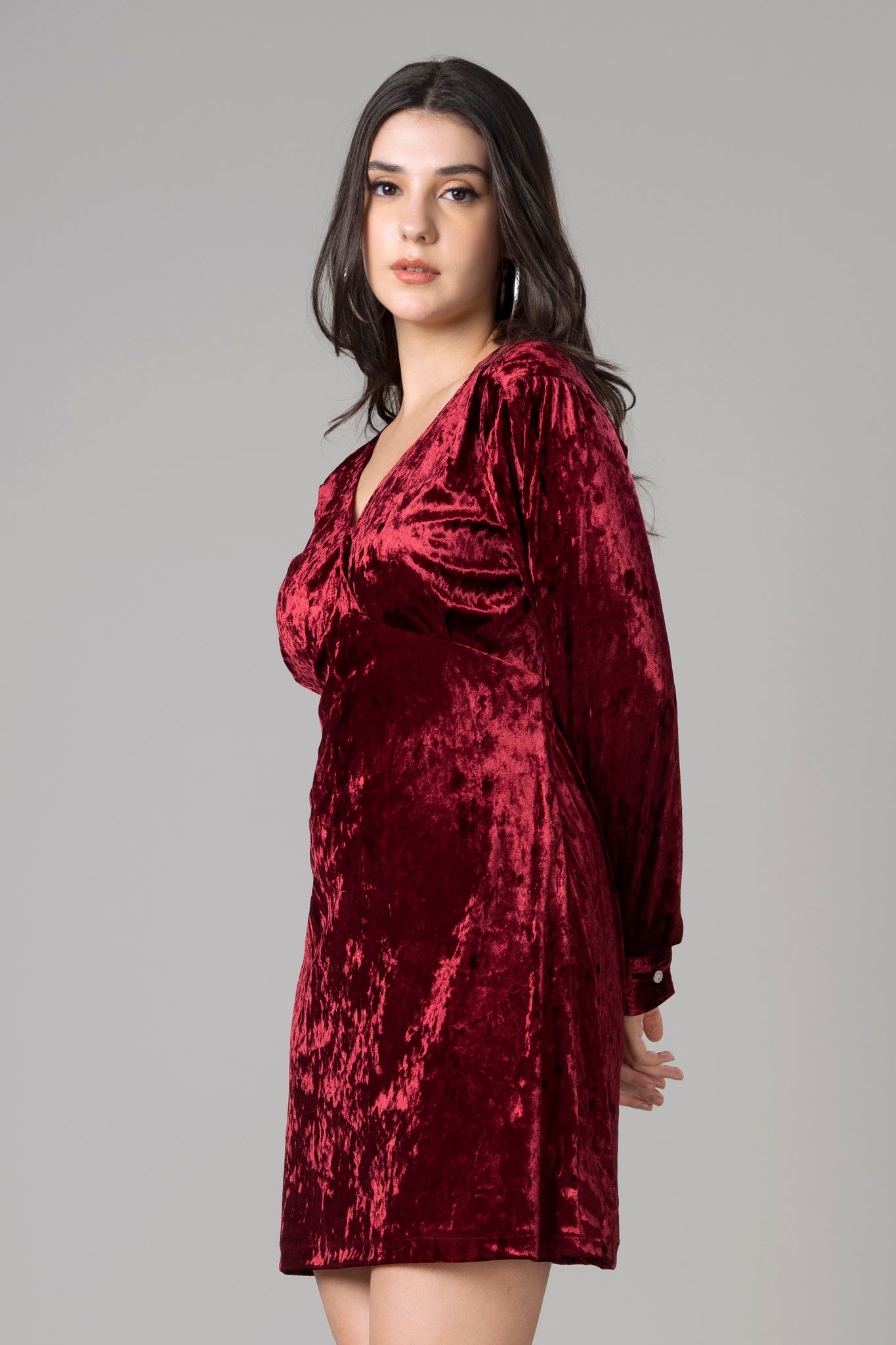 Red Velvet Long Sleeve Sheath Dress For Women