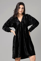 Luxurious Black Velvet Long Sleeve Essential Dress For Women