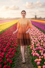 Light Orange Floral Button Down Tiered Shirt Dress