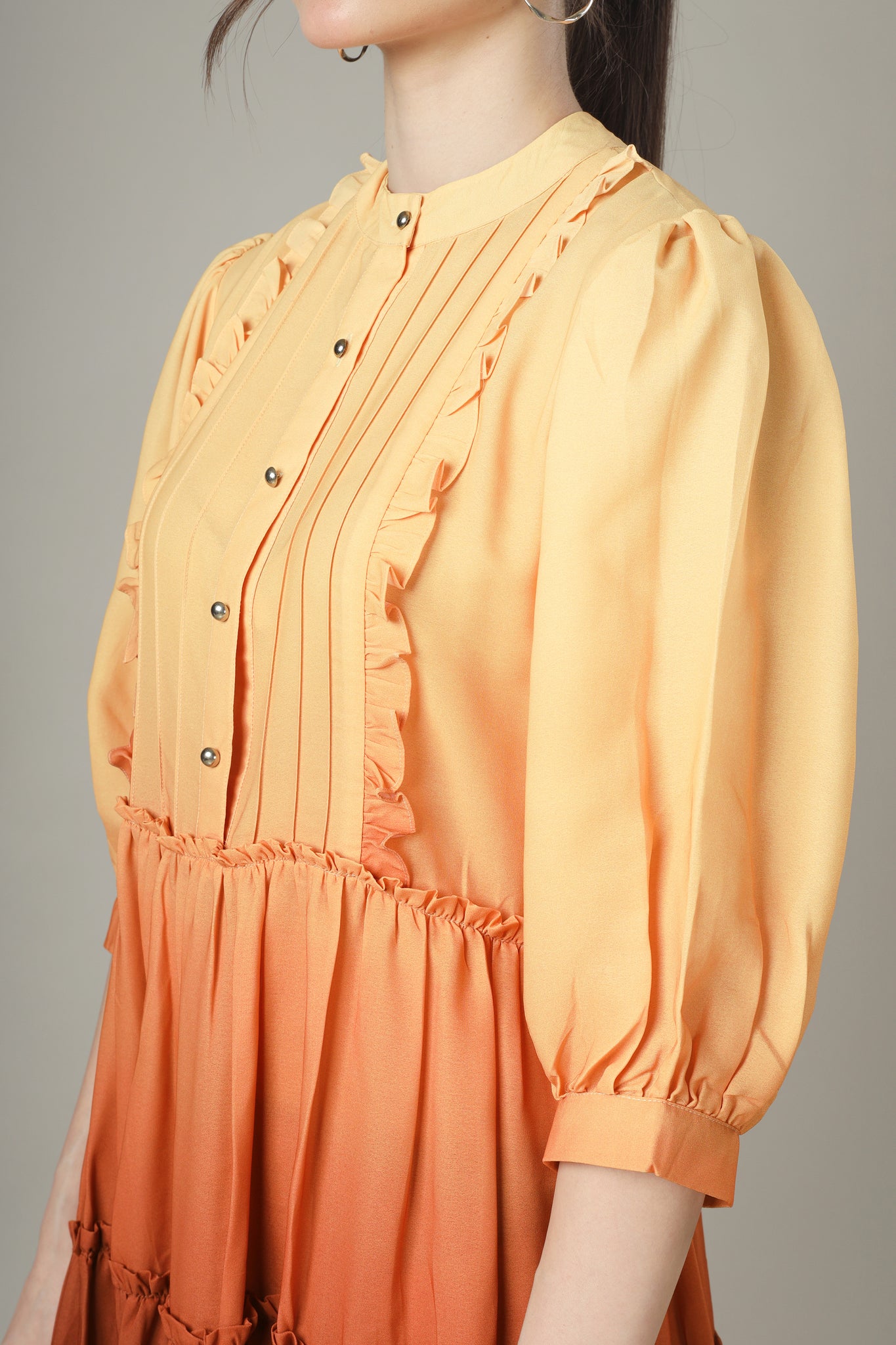 Light Orange Floral Button Down Tiered Shirt Dress