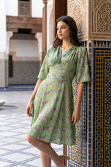 Green Floral Gathered Neck A-Line Dress