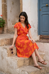 Orange Floral Gathered Sleeve Belted Midi Dress