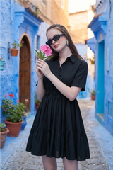 Women Solid Black Tie-Waist Buttoned Dress