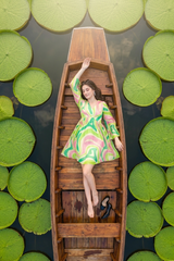 Green Abstract Gold Lurex Bell Sleeve Midi Dress