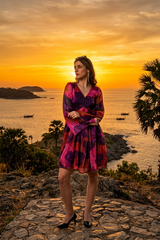 Purple Tie And Dye Gold Lurex Bell Sleeve Midi Dress